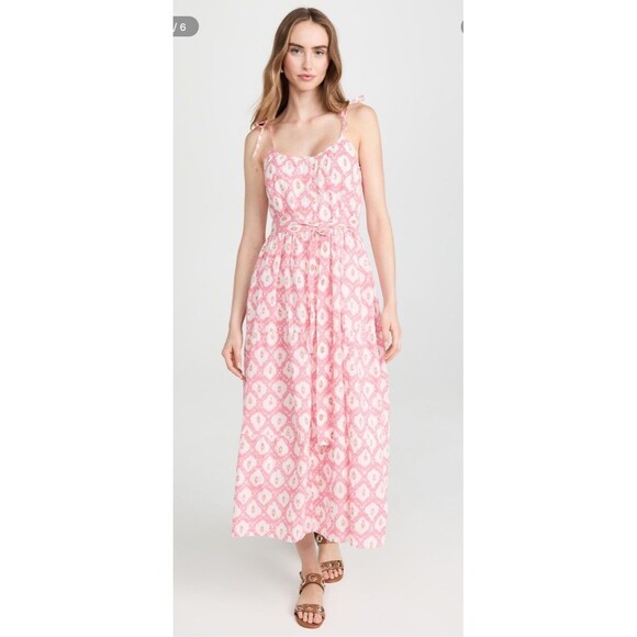 Marea Belted Siesta Maxi Dress Pink Ikat Print Bohemian Peasant Coquette Sz M - Picture 1 of 11